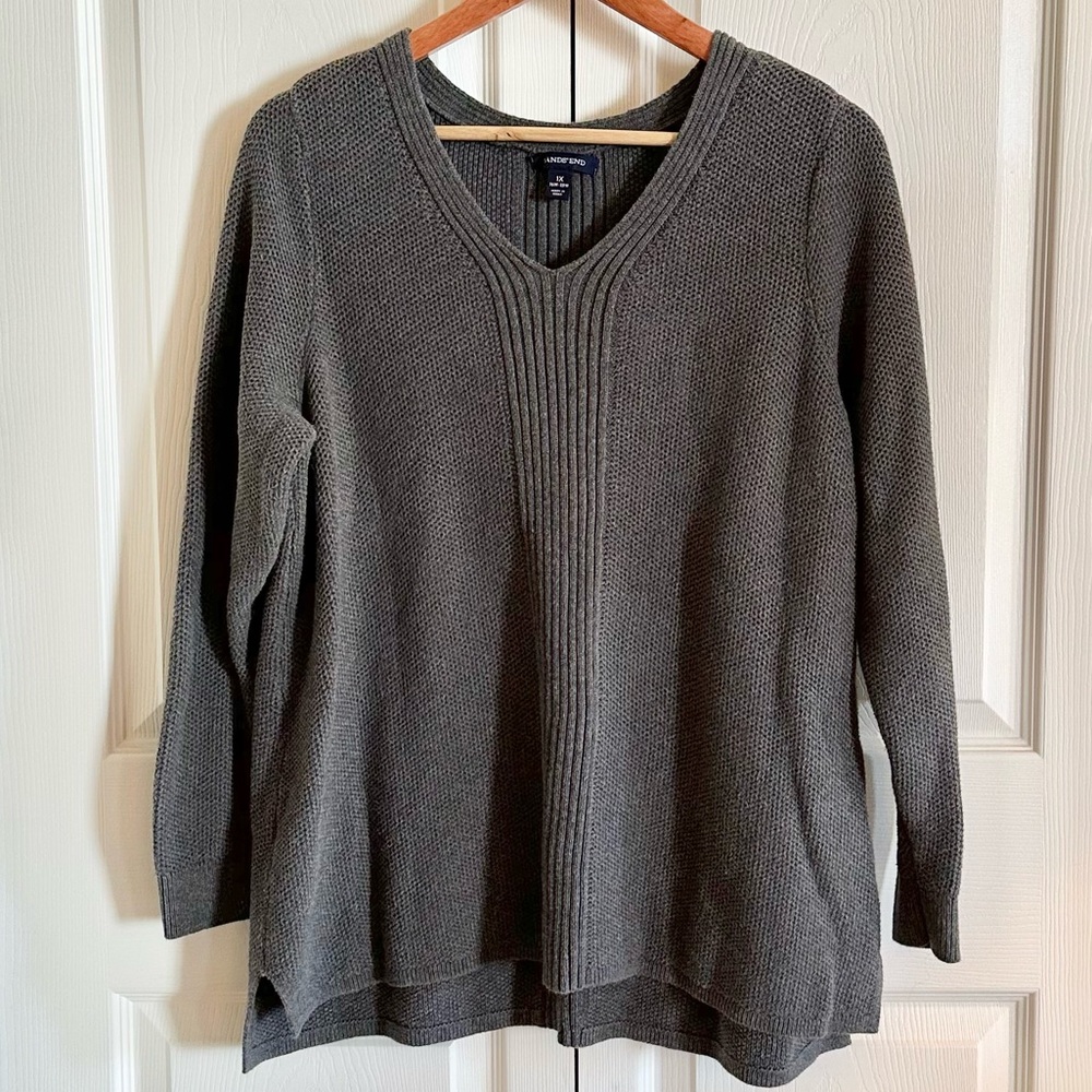 Lands’ End 1X Gray Cotton V-Neck Sweater Oversized Slouchy Preppy Coastal - Picture 2 of 7